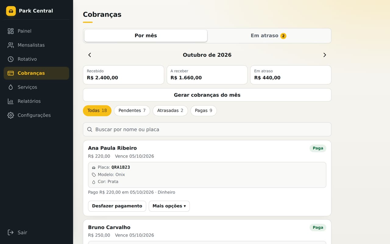 Tela de cobranças do mês com pagas, pendentes e atrasadas