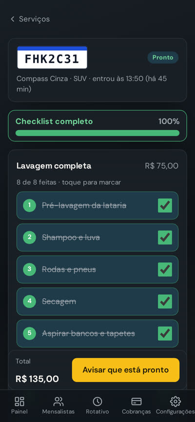 Checklist de uma lavagem completa no celular, com etapas marcadas e a barra de progresso