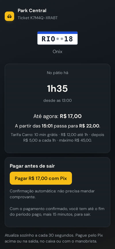 Página do ticket no celular do cliente: tempo no pátio, valor até agora e quando o valor sobe
